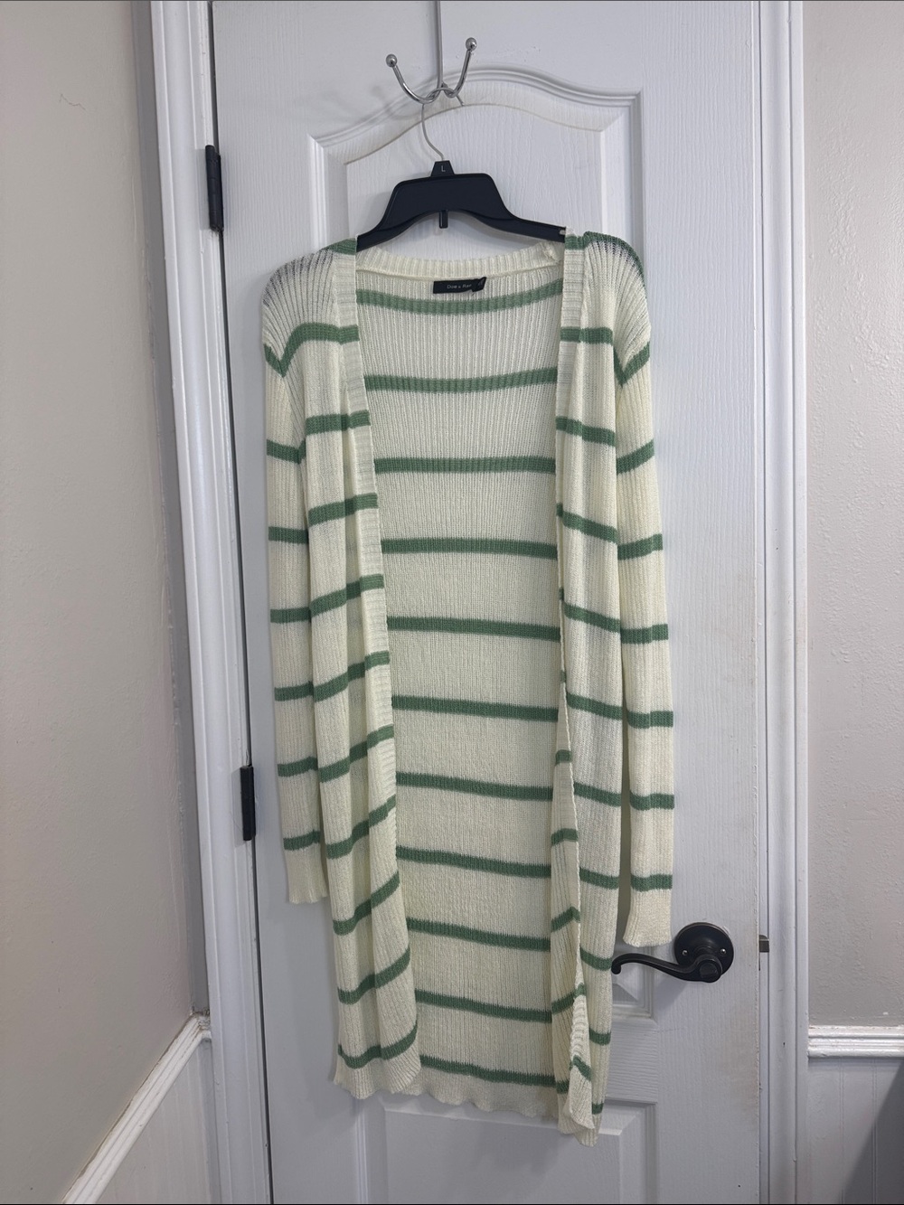 Doe & Rae Cream and Green Striped Long Open Cardigan